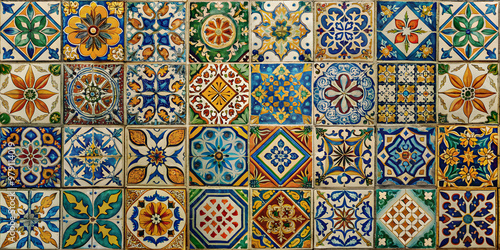 Various types of vintage colored tiles with unique patterns, vintage, colored, tiles, patterns, old, retro, antique