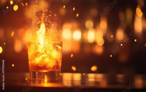 A whiskey glass ignites with vibrant flames and sparks, creating a mesmerizing display of color and warmth in a stylish bar setting.