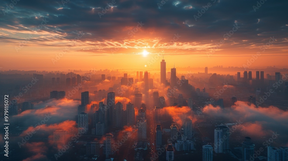 Fototapeta premium Cityscape bathed in the warm glow of sunrise