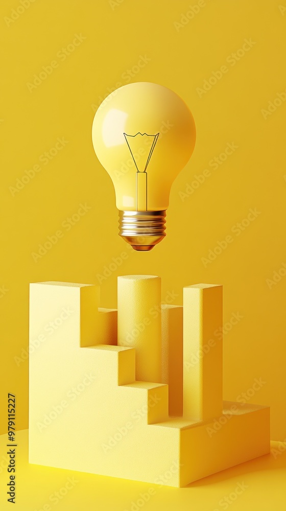A floating light bulb above yellow geometric shapes, symbolizing ideas and creativity. A floating light bulb above yellow geometric shapes, symbolizing ideas and creativity.