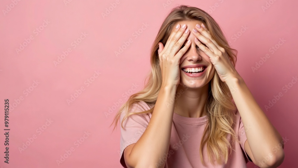 Beautiful excited blonde female covers her eyes with happiness, doesn’t expect to receive a pleasant surprise. Isolated over pink background Beautiful excited blonde female covers her eyes with happiness, doesn’t expect to receive a pleasant surprise. Isolated over pink background