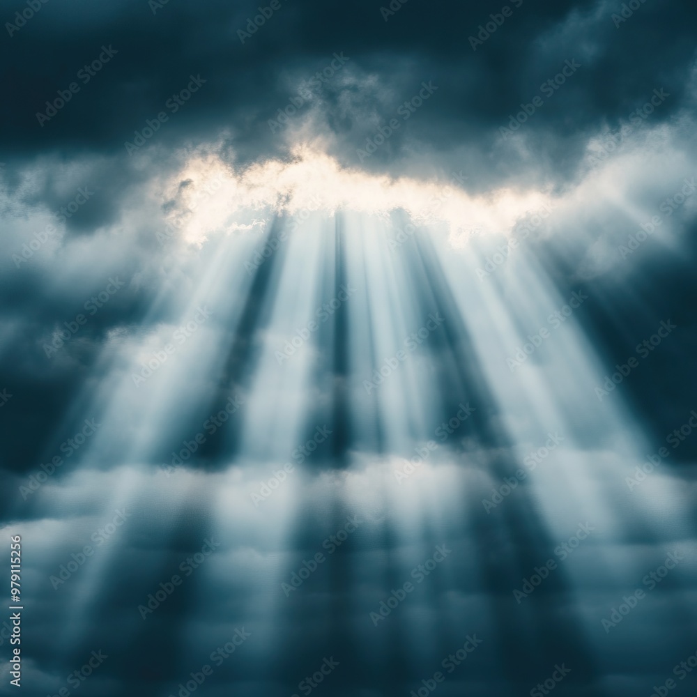 Fototapeta premium Dramatic sunlight beams pierce through dark storm clouds, creating a captivating and moody atmosphere in the sky.
