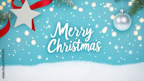 The design features a blue colour scheme, a snowy scene, sparkling lights, a starry sky, silver ball, red ribbon, and lettering that reads Merry Christmas in a white calligraphy font. photo