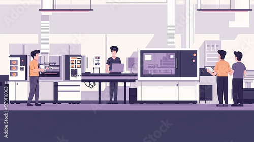 Illustration of modern equipment operating inside a 3D printing factory