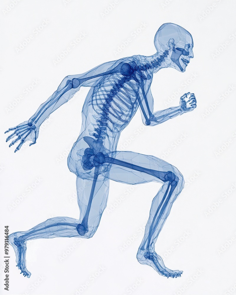 An artistic depiction of a human skeleton running, showcasing skeletal structure in motion against a minimalist background. An artistic depiction of a human skeleton running, showcasing skeletal structure in motion against a minimalist background.