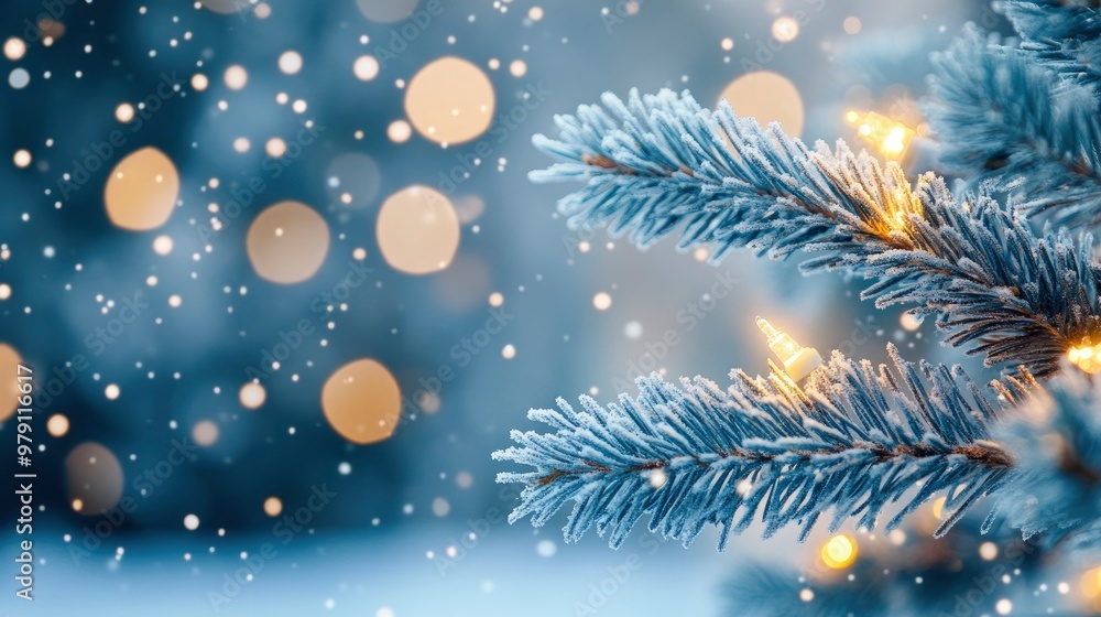 Closeup of spruce tree branches with twinkling lights and snow fall with blur bokeh background Closeup of spruce tree branches with twinkling lights and snow fall with blur bokeh background