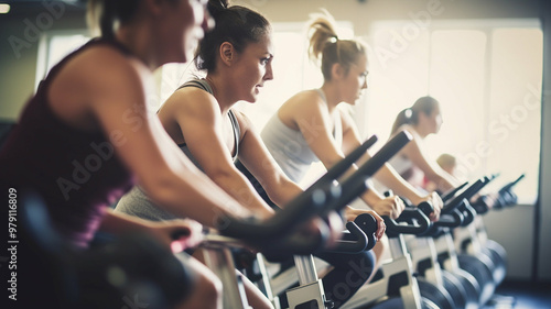 Group of women intensely focused on indoor cycling at the gym, participating in a spin class, showcasing energy and fitness.