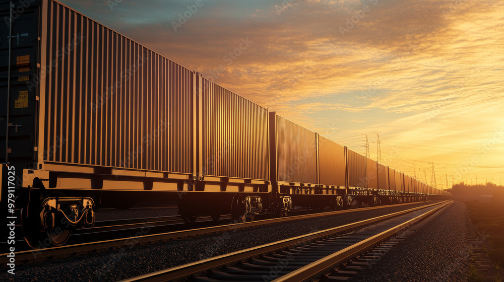 Fototapeta premium A long freight train carrying containers travels along railway tracks at sunset, symbolizing global logistics and transportation. 