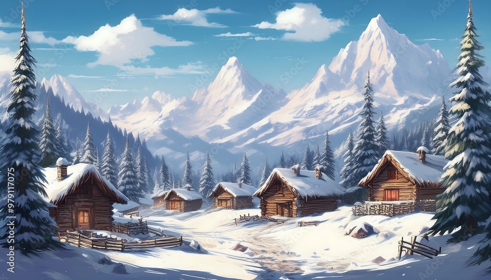 Winter Mountain Pixel Art Village - 8 bit snow covered village with small, pixelated cabins, nestled between tall pine trees and set against a majestic mountains. Graphic artwork illustration Winter Mountain Pixel Art Village - 8 bit snow covered village with small, pixelated cabins, nestled between tall pine trees and set against a majestic mountains. Graphic artwork illustration