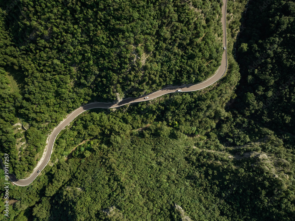 Aerial view of a winding road through lush greenery and serene forest in the tranquil Terminio Valley, Besenello, Italy. Aerial view of a winding road through lush greenery and serene forest in the tranquil Terminio Valley, Besenello, Italy.
