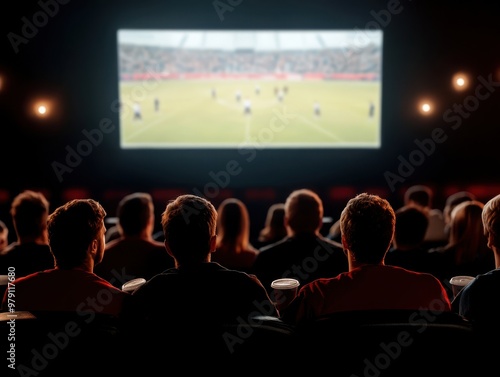 Audience enjoying a live sports event broadcast on a big screen, capturing excitement and engagement in a cinema setting.