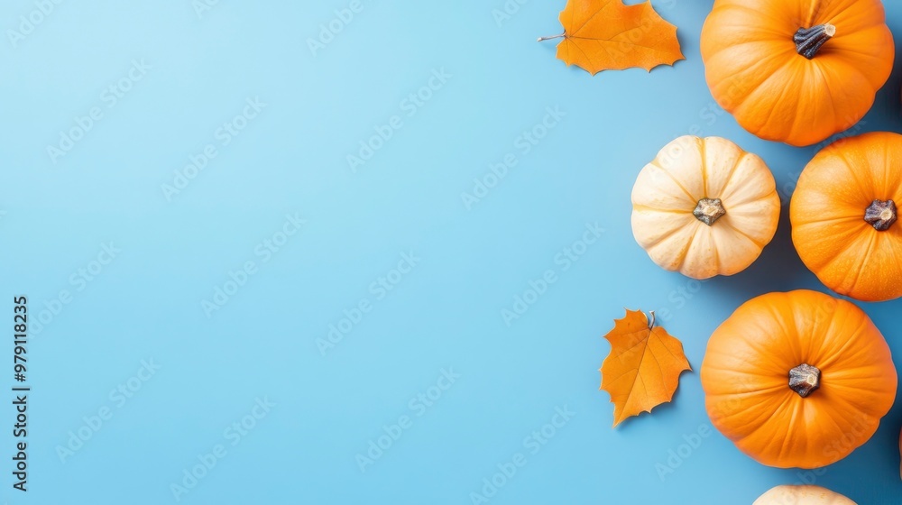 pumpkins and dry leaf on blue background pumpkins and dry leaf on blue background