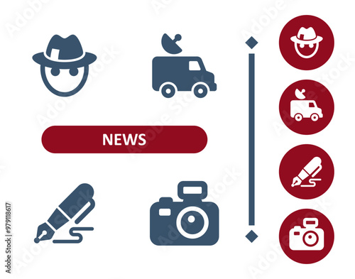 News Icons. Journalism, Press, Media, Reporter, Journalist, News Van, Pen, Camera Icon