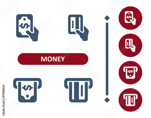 Money icons. Dollar, bill, banknote, hand, buy, buying, pay, paying, ATM, credit card, debit card icon