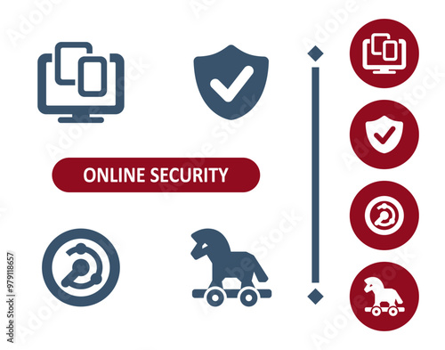 Online security icons. Internet security, virus, antivirus, shield, trojan horse, scanner, mobile phone, computer, tablet icon
