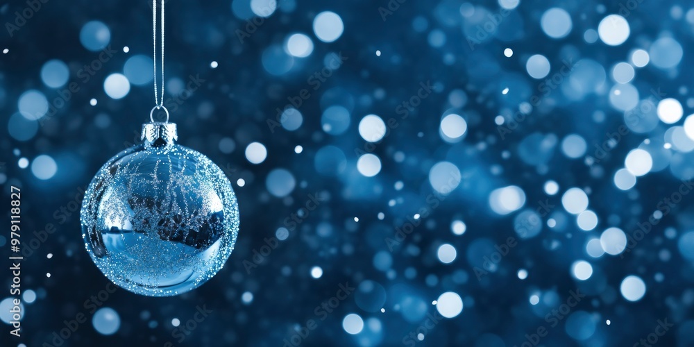 A picture depicting a lone glass Christmas ornament suspended above a deep blue backdrop, accompanied by falling snowflakes that create a surreal and dreamlike ambiance. A picture depicting a lone glass Christmas ornament suspended above a deep blue backdrop, accompanied by falling snowflakes that create a surreal and dreamlike ambiance.