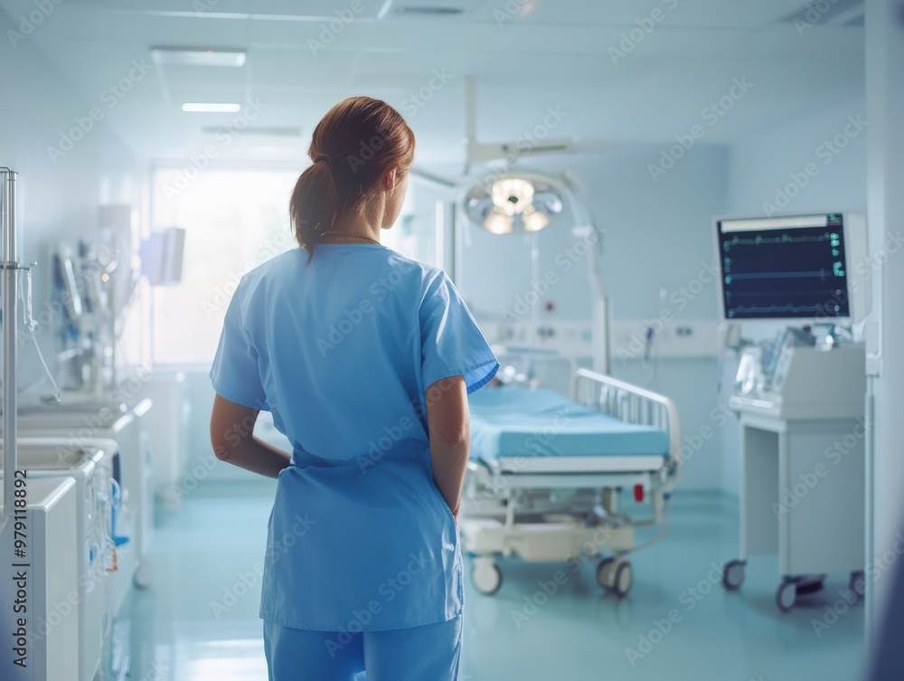 Female Hospital Worker in Scrubs Standing in Empty Hospital Room with Bed in the Background Female Hospital Worker in Scrubs Standing in Empty Hospital Room with Bed in the Background