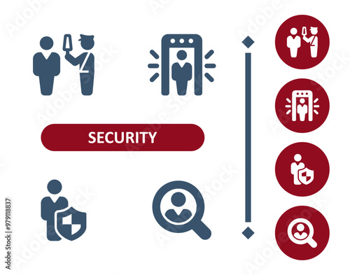 Security icons. Security guard, checkpoint, metal detector, insurance, man, investigation icon