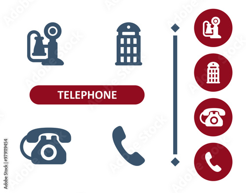 Telephone icons. Phone, handset, landline, phone booth, antique phone, rotary telephone icon