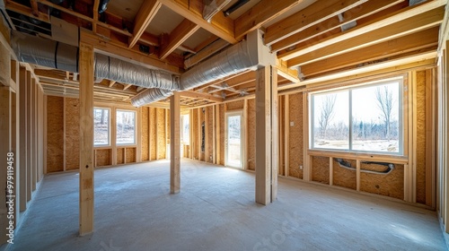 Interior of a House Under Construction with Wooden Framing, Support Beams, and Ductwork Visible, Showing the Unfinished State of the House