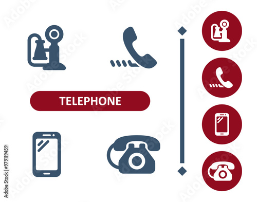 Telephone icons. Phone, antique phone, handset, landline, smartphone, mobile phone, rotary telephone icon