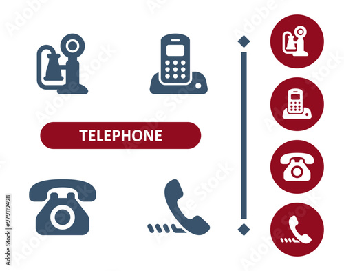 Telephone icons. Phone, handset, landline, antique phone, rotary telephone icon