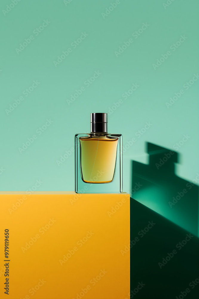 A yellow bottle of perfume on a green background with sun. Vertical concept template for advertising unisex perfume in a fruit, natural, luxury style. Place for text, copyspace, flat lay A yellow bottle of perfume on a green background with sun. Vertical concept template for advertising unisex perfume in a fruit, natural, luxury style. Place for text, copyspace, flat lay