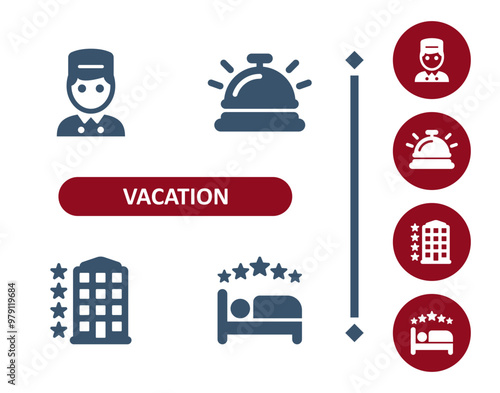 Vacation icons. Tourism, hotel, resort, bellboy, bellhop, reception bell, call bell icon