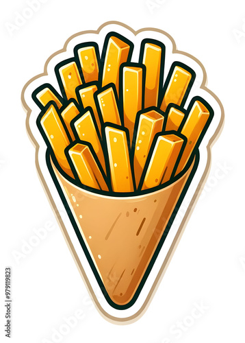 Clip Art Style Sticker of Crispy Golden French Fries in a Rustic Brown Paper Cone