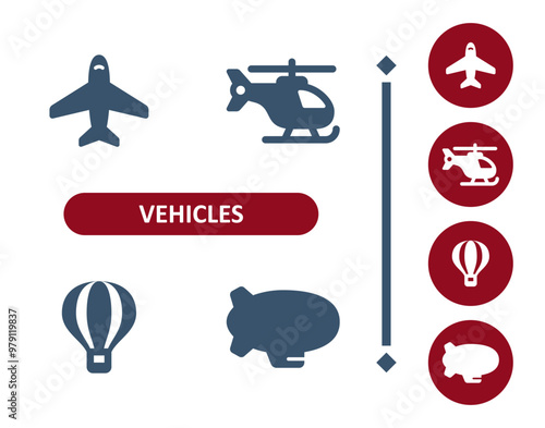 Vehicles icons. Vehicle, plane, airplane, helicopter, hot air balloon, blimp, dirigible icon