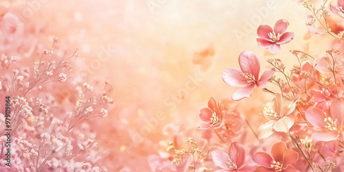 Delicate pink flowers and foliage on a soft pastel background with blurred bokeh.