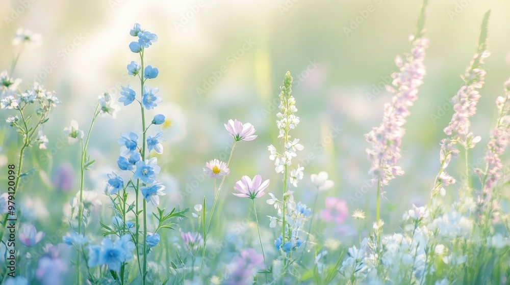 Fototapeta premium A serene field of colorful wildflowers basking in soft, natural light.