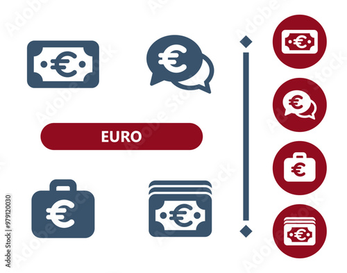 Euro icons. Euro bill, bills, banknote, cash, money, chat bubble, briefcase, wealth icon