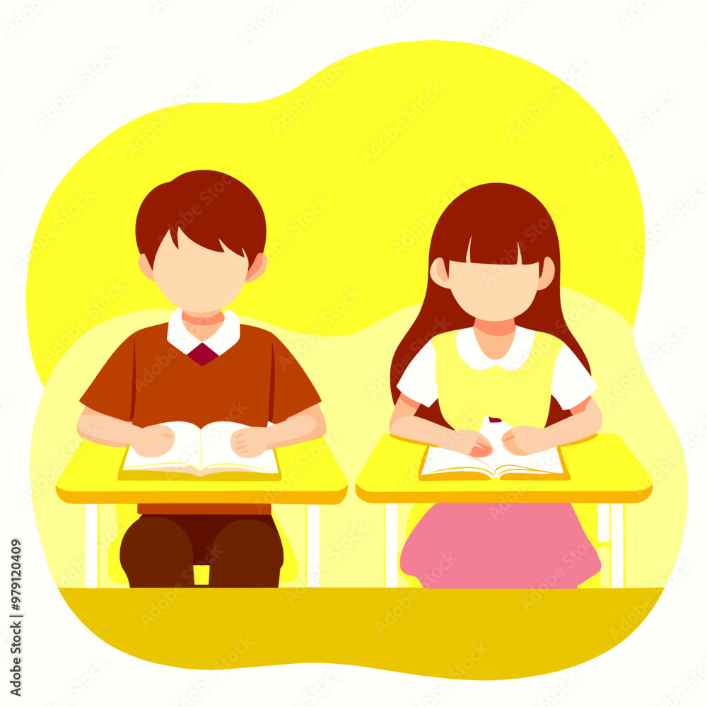 Schoolchildren studying with focused expressions at yellow desks in a cheerful classroom, vector Schoolchildren studying with focused expressions at yellow desks in a cheerful classroom, vector