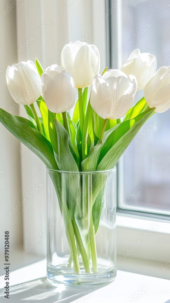 White tulips in a glass vase on a window sill, sun light coming inside from window White tulips in a glass vase on a window sill, sun light coming inside from window