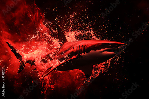 A dramatic depiction of a shark swimming through red water, evoking a sense of danger.