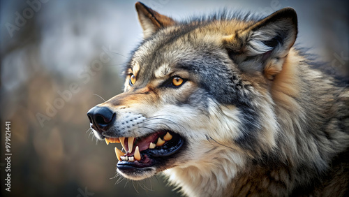 Fierce wolf showing teeth and growling , angry, wolf, wild, animal, predator, aggressive, fangs, snarling, wilderness photo