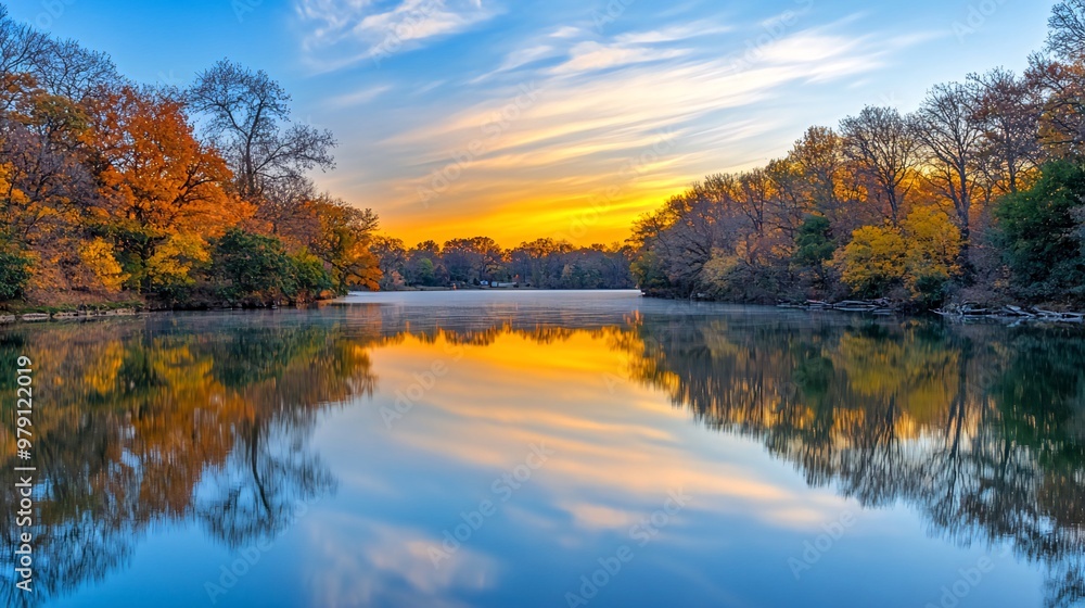 A tranquil lake with colorful autumn foliage reflected in the still water at sunrise. A tranquil lake with colorful autumn foliage reflected in the still water at sunrise.