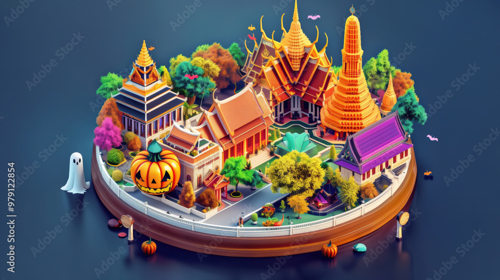 Obraz premium Vibrant Isometric 3D Cartoon City HalloweenThemed Thai Landmarks on Wooden Base
