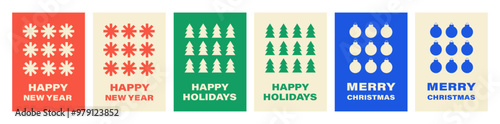 Christmas set cards in geometric flat style. Minimalistic modern backgrounds with abstract elements. Vector illustration