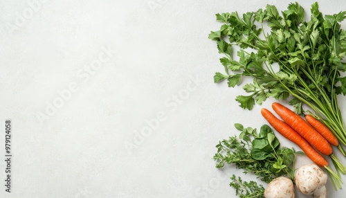 Fresh vegetables including carrots and parsley arranged on a light background, ideal for healthy food content. photo