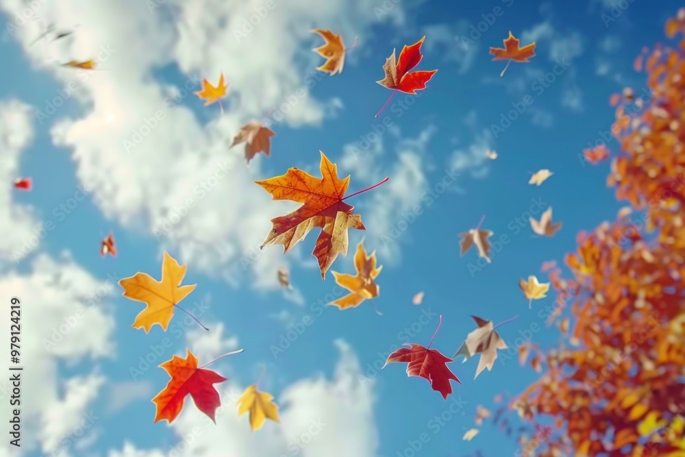 Falling autumn yellow and red maple leaves leaf sky outdoors. Falling autumn yellow and red maple leaves leaf sky outdoors.