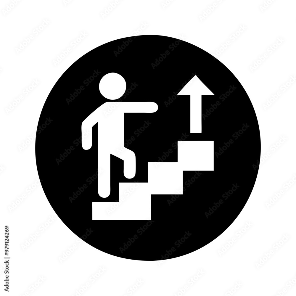 Person Walking Up Stairs with Arrow Icon, Black and White, Progress Symbol in a Circle Person Walking Up Stairs with Arrow Icon, Black and White, Progress Symbol in a Circle