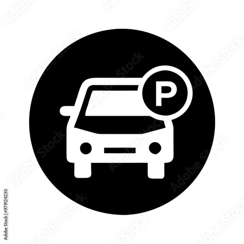 Car Parking Icon, Black and White, Public Parking Symbol in a Circle