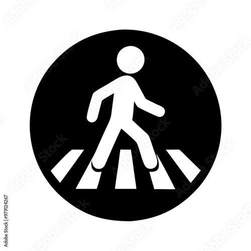 Pedestrian Crossing Icon, Black and White, Public Safety Symbol in a Circle