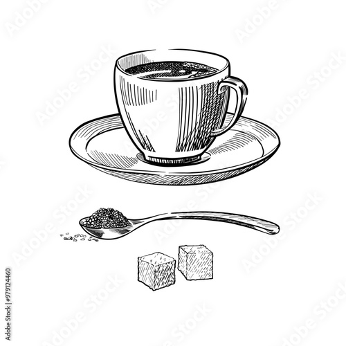 Cup of coffee, spoon and sugar