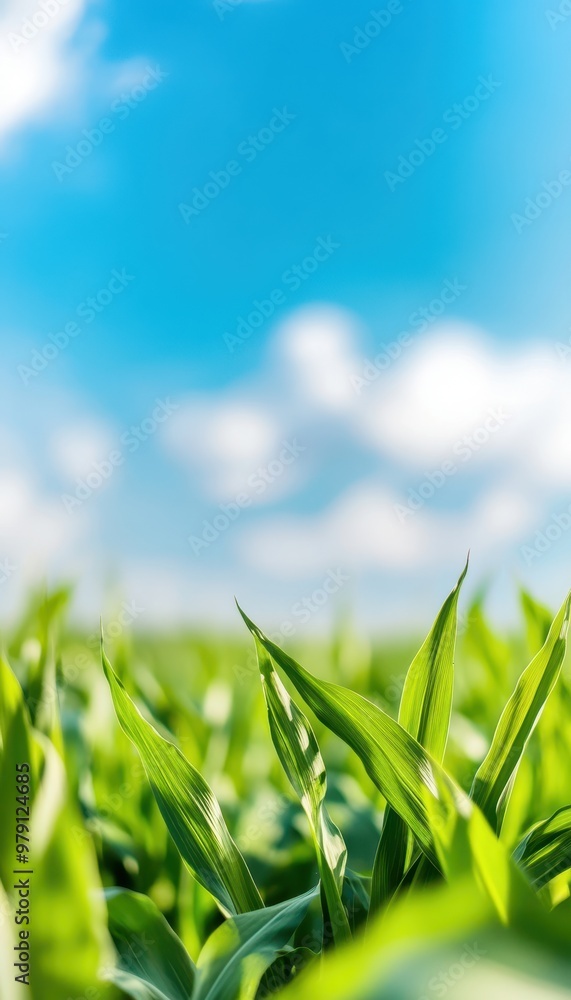 Obraz premium Lush green grass against a bright blue sky with soft clouds, illustrating nature's beauty and tranquility.