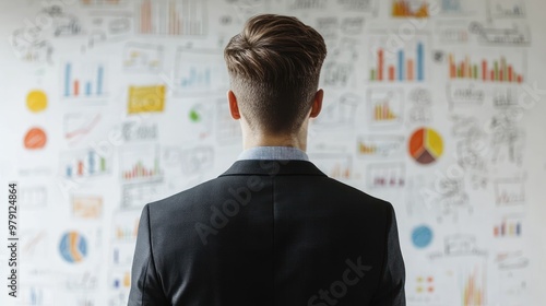 A person in a suit observes a wall filled with various graphs and charts.