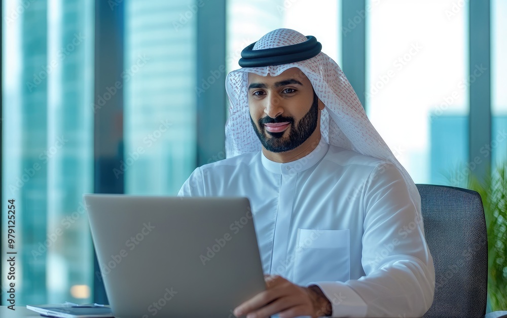 Arab man wearing a white shirt using laptop in the workplace Arab man wearing a white shirt using laptop in the workplace