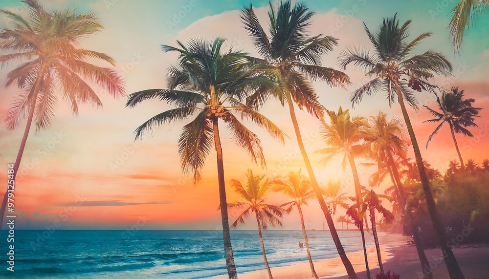 Fototapeta premium Summer Collage Featuring Palm Trees and Beach Scenery in Sunset 